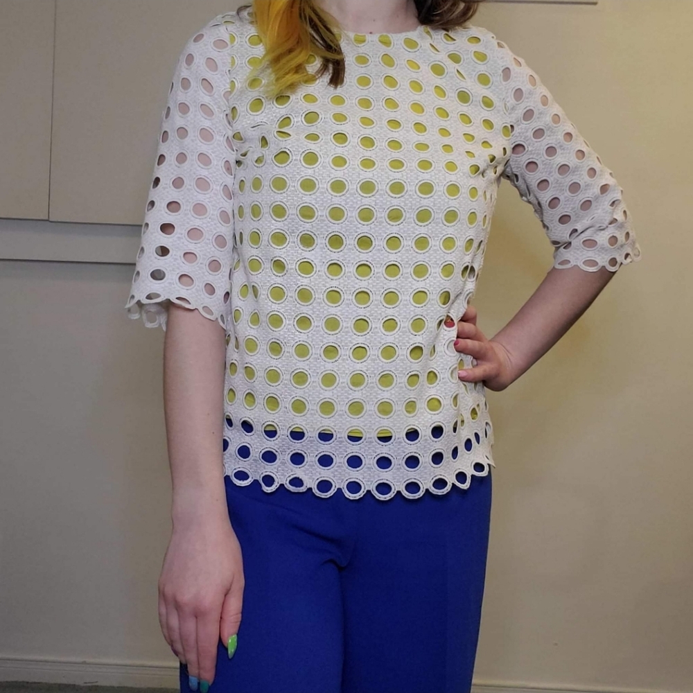 Elegant White and Yellow Eyelet Women's Top